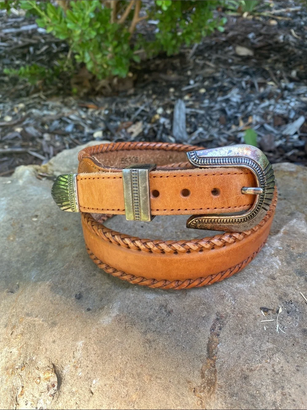 Leather Men’s Belt with Braided Sides - Tan with Silver 3 piece Buckle Set 1991